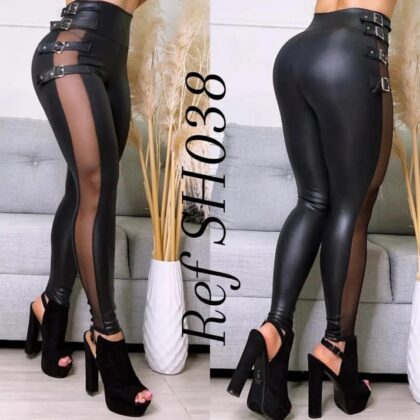 Leggins efecto cuero con malla y cuatro hebillas - RefSH038