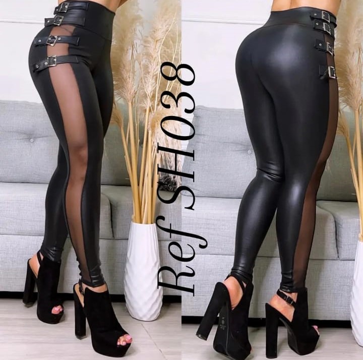 Leggins efecto cuero con malla y cuatro hebillas - RefSH038