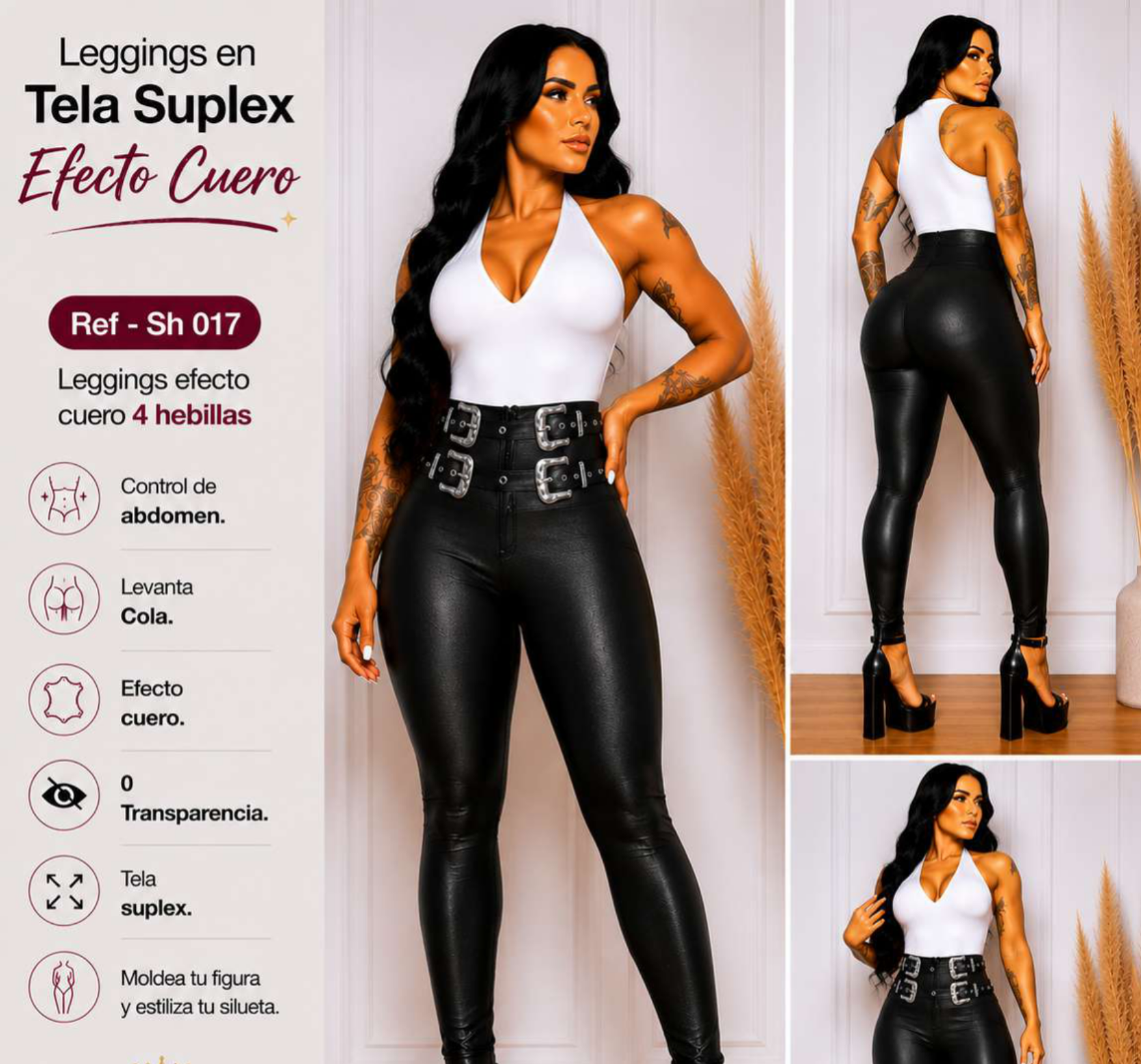 Leggins efecto cuero de cuatro hebillas - Ref SH017
