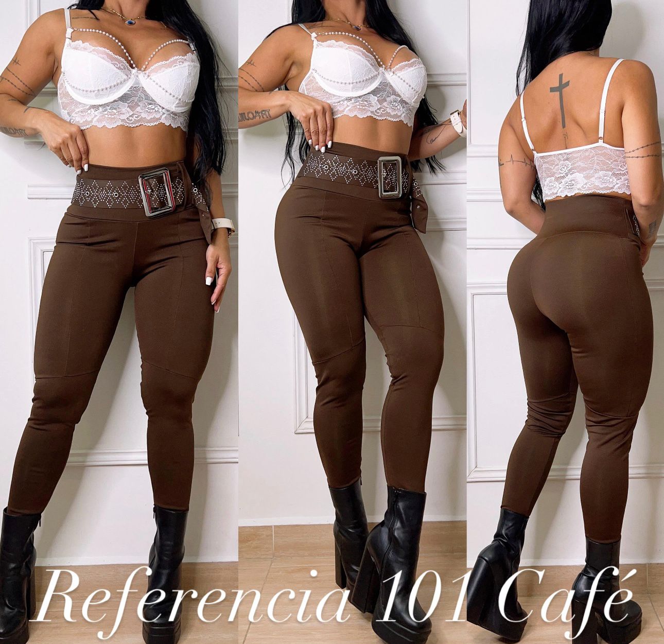 Leggins correa de pedreria y hebilla grande Color Cafe- Ref 101 Talla unica