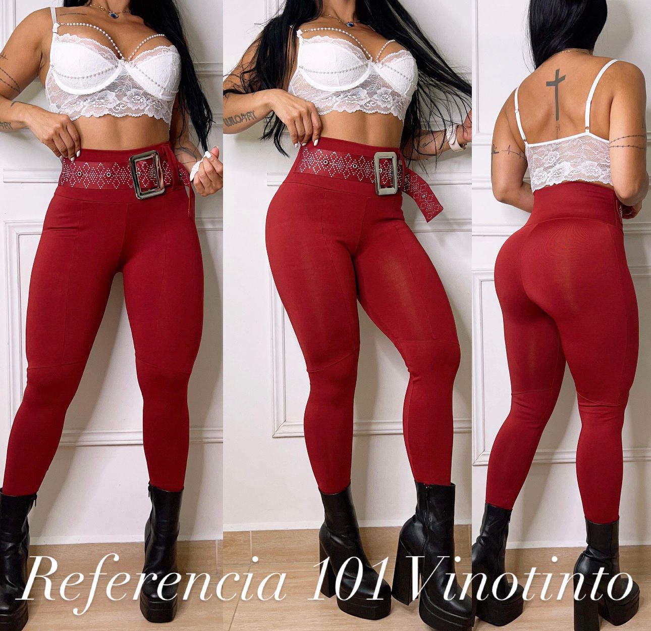 Leggins correa de pedreria y hebilla grande Color Vinotinto- Ref 101 Talla unica
